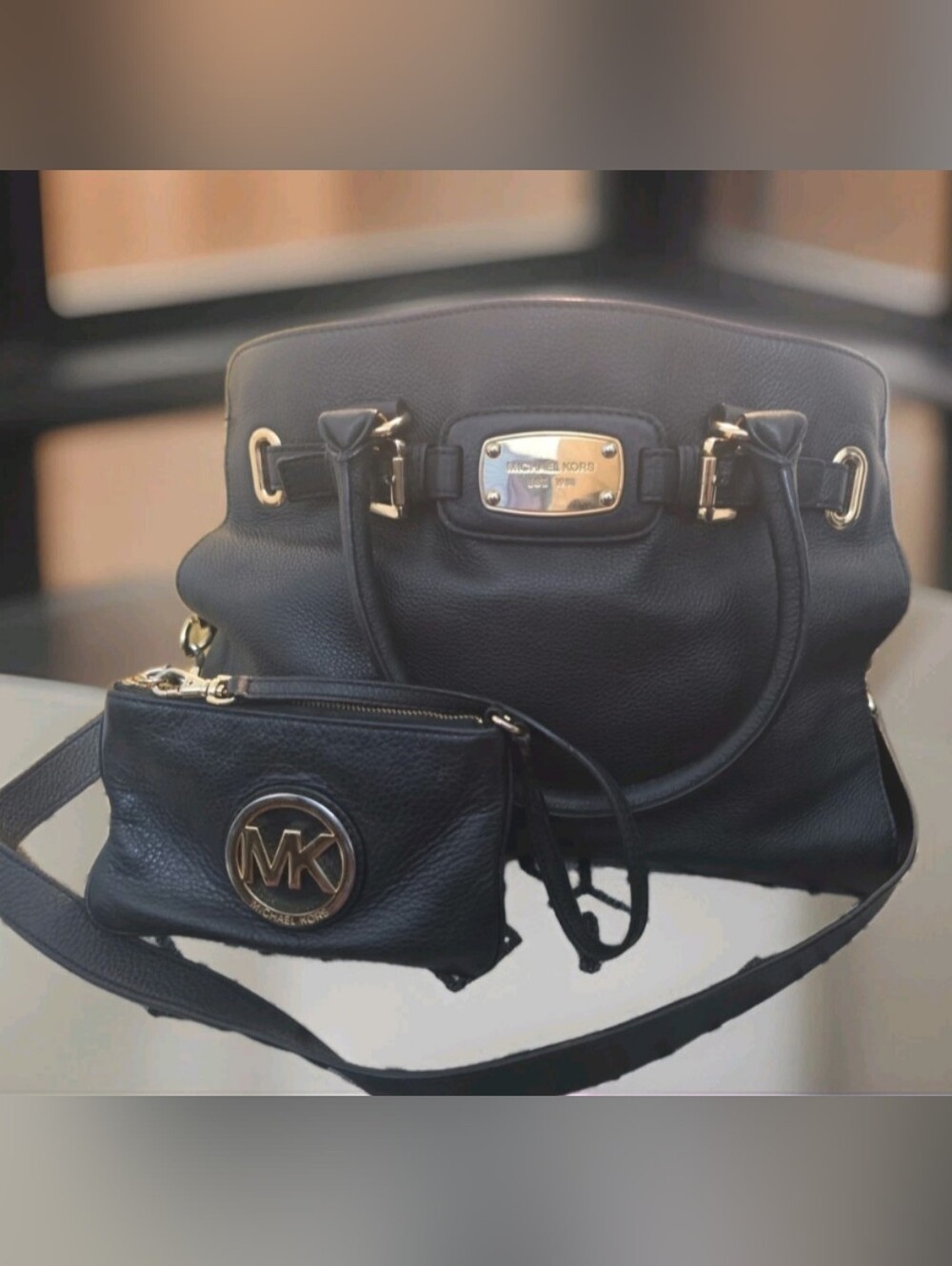 Michael Kors Set: Hamilton black pebbled leather satchel & Wristlet